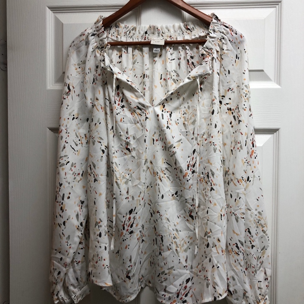 A New Day White Printed Peasant Blouse with Multicolor Speckle Large